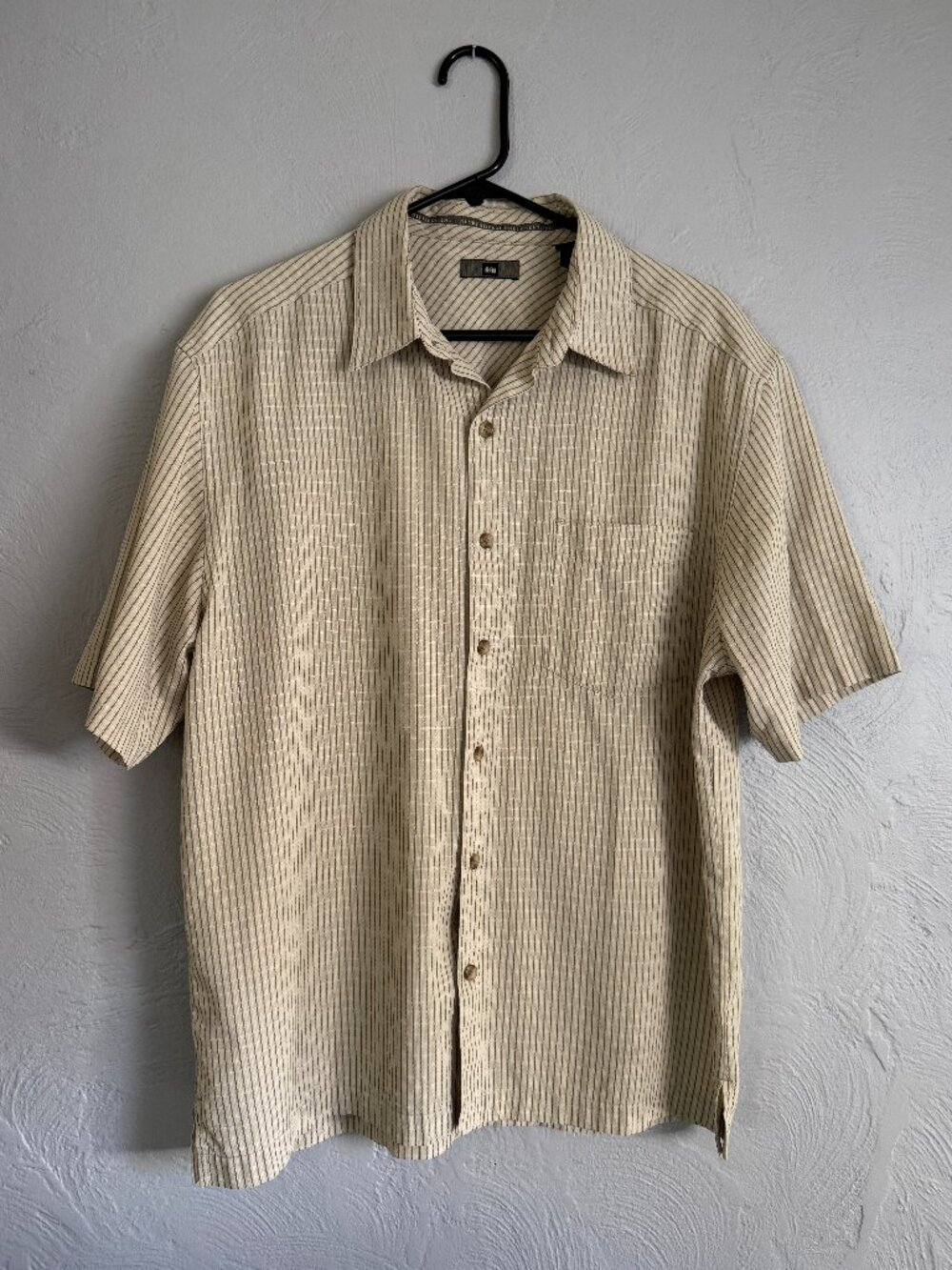 REI Shirt, Short Sleeve, Striped/Plaid, Beige/Olive/White, Men’s M, Straight hem